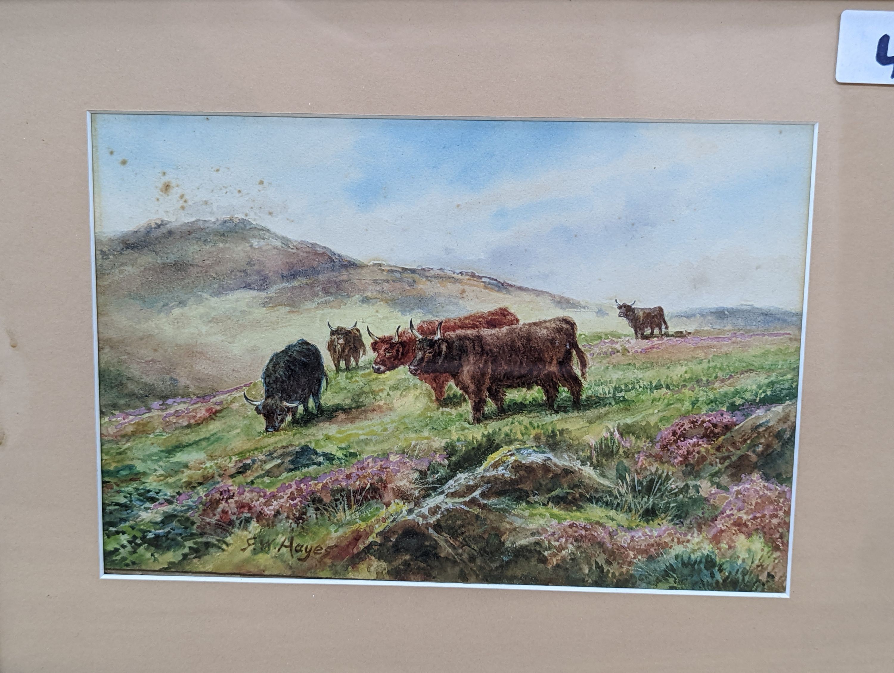 Henry Woods (1846-1921), watercolour, St Paul's from The Thames, signed, 28 x 19cm and an Frederick William Hayes (1848-1918), watercolour of Highland cattle, 18 x 26cm